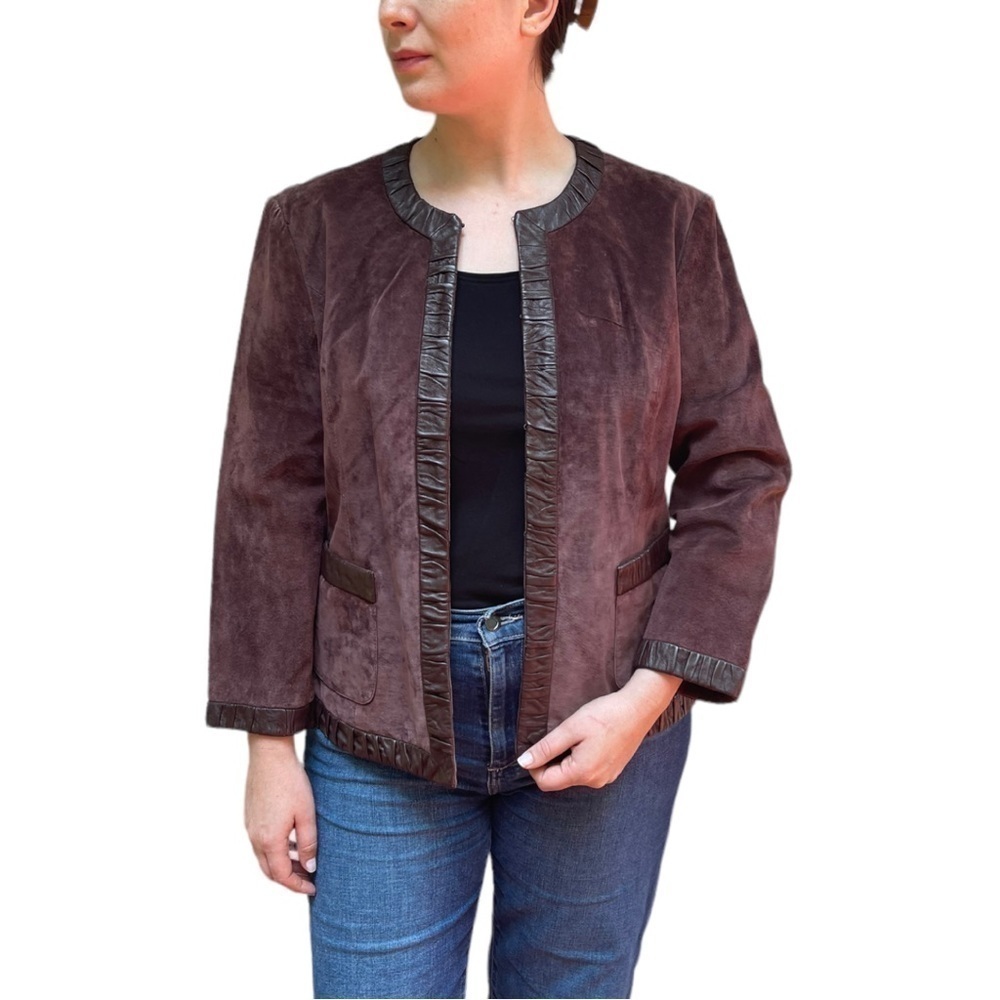 VINTAGE 90S MARSHALL FIELDS COLLARLESS SUEDE LEATHER TRIM JACKET